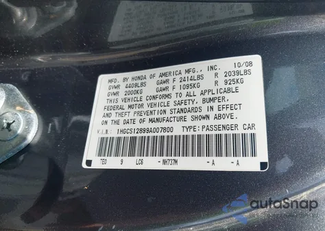 2009 Honda Accord 2.4 Ex-L z USA, uszkodzony, nr VIN 1HGCS12899A007800